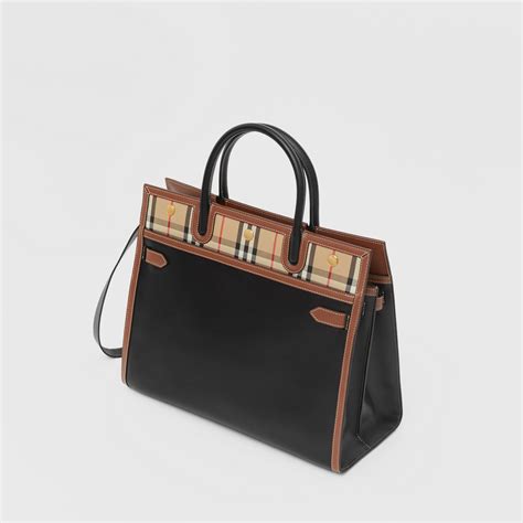 burberry medium title leather & vintage check two-handle bag black|Women’s Designer Bags .